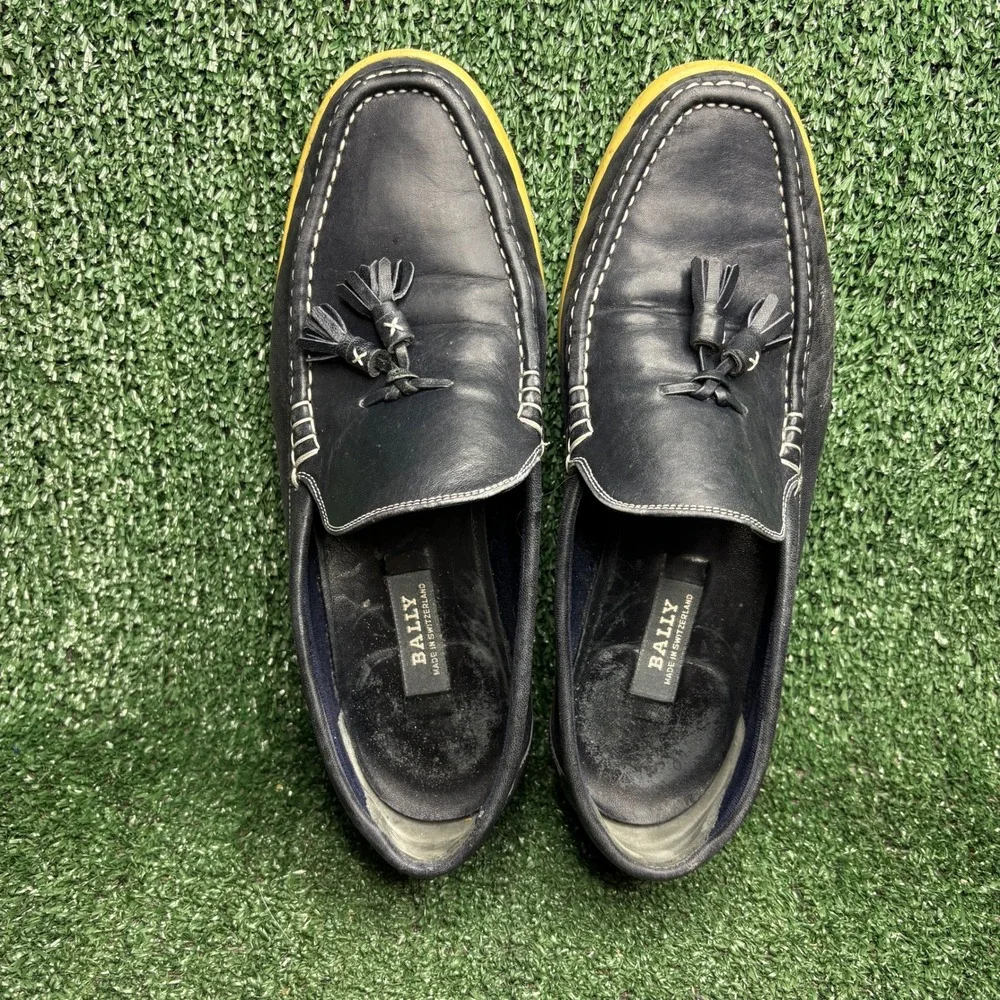 Bally Webb Tassel Loafers Leather Contrast Sole Preppy Slip On Shoes Blue Men 9D